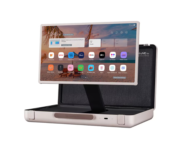 A large touchscreen display mounted in an open briefcase